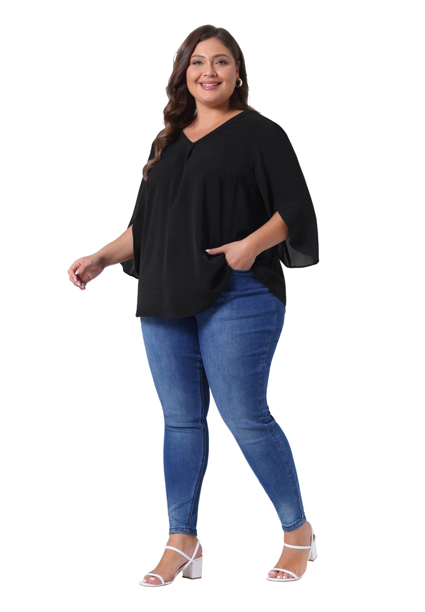 3/4 Sleeve V Neck Chiffon Shirt Tunic Top, All Black / Black, hi-res image number 0
