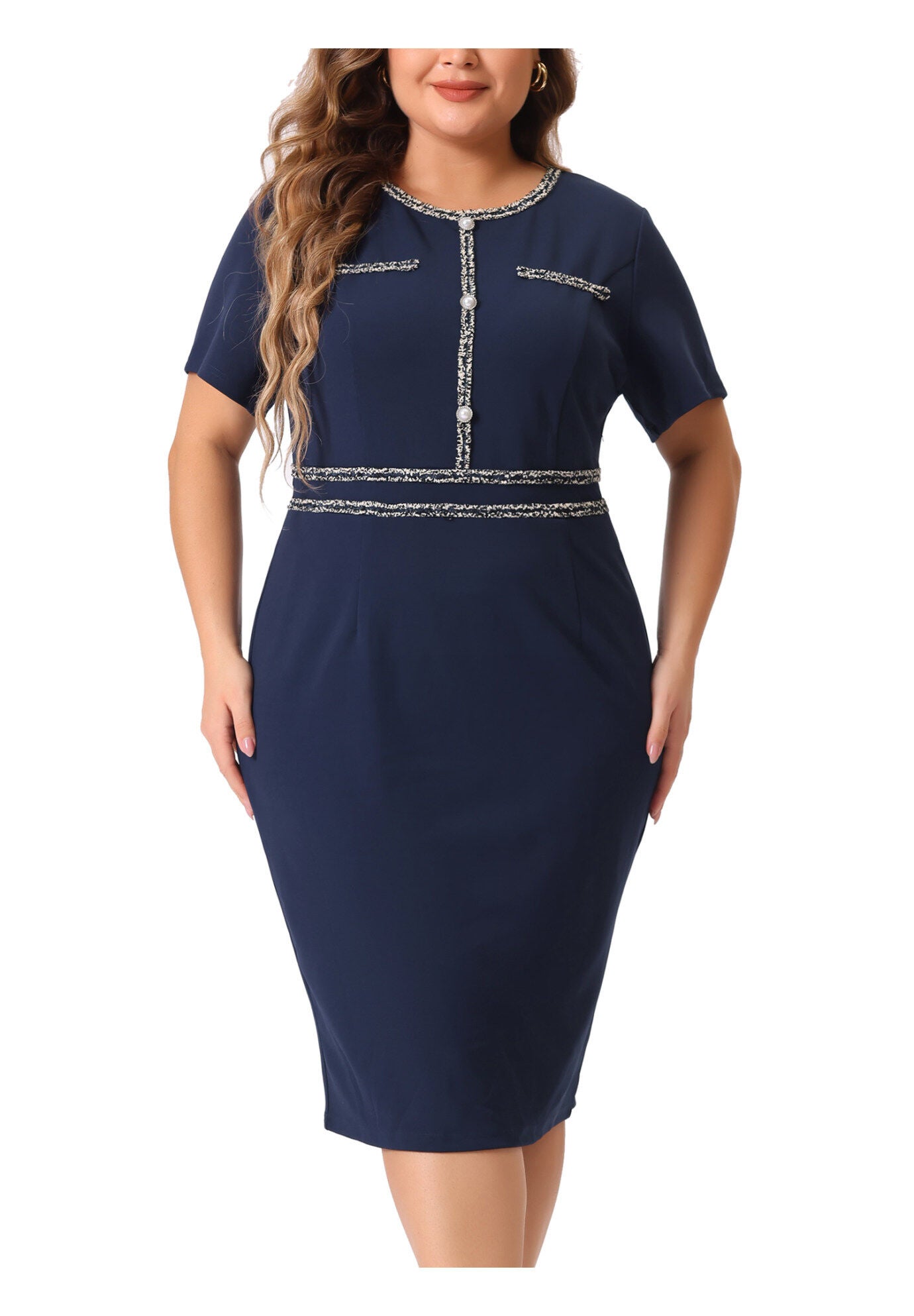 Button Crew Neck Bodycon Pencil Dress, Navy Blue / Black, alternate image number 2