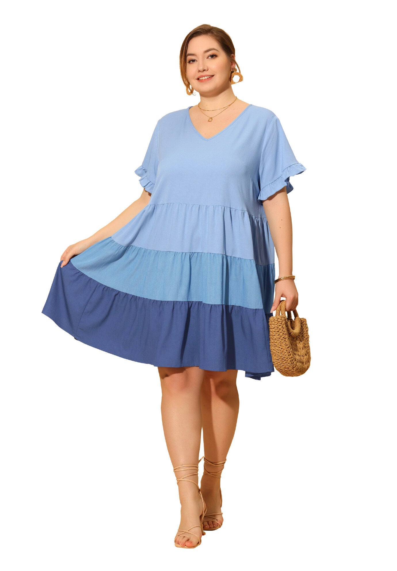 Babydoll Ruffle Short Sleeve Chambray Mini Dress, Blue / Light Blue, hi-res image number 0