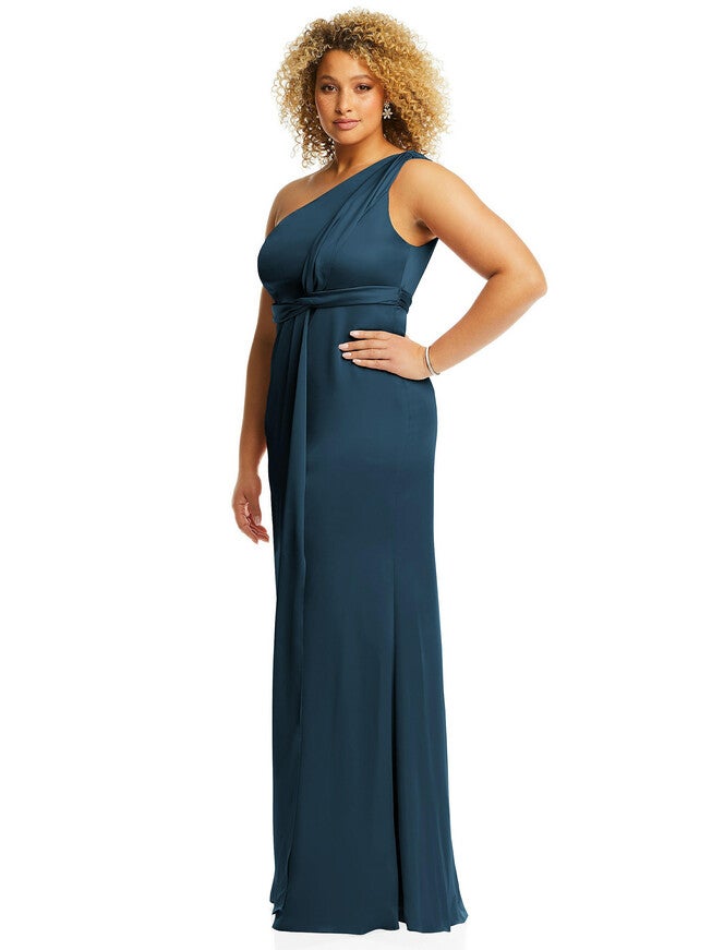 One-Shoulder Draped Twist Empire Waist Trumpet Gown, Atlantic Blue / Navy, alternate image number 1
