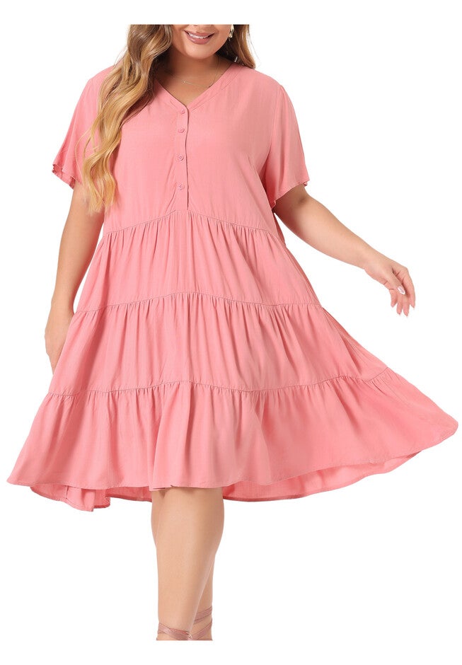 Button Down V Neck Knee Length Tiered Chambray Dress, Pink / Pink, alternate image number 2