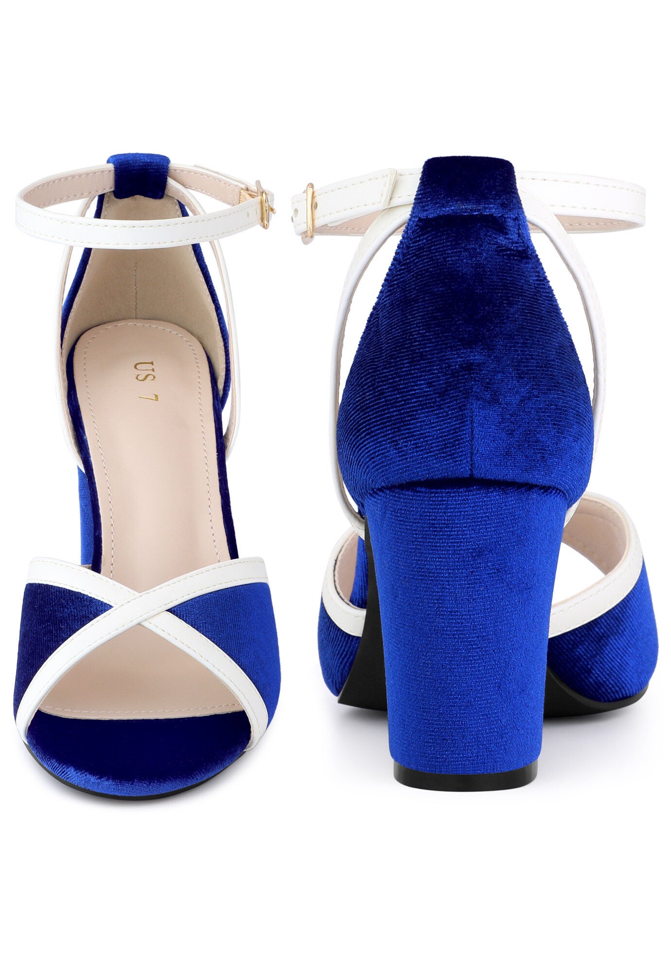 Velvet Open Toe Ankle Strap Chunky Heel Sandals, Royal Blue / Royal Blue, alternate image number 3