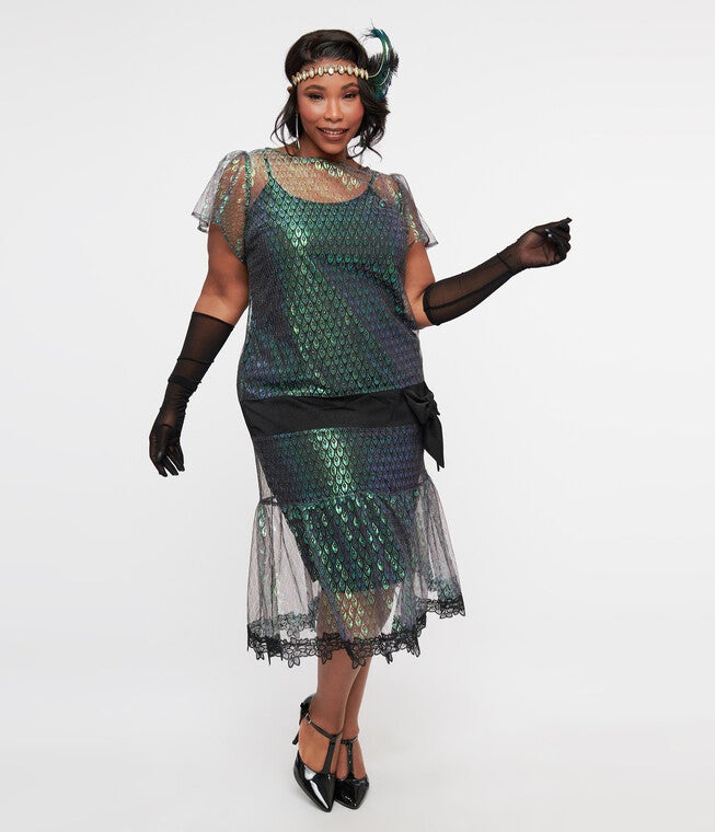 1920s Iridescent Peacock & Black Bow Flapper Dress, Iridescent PeacockBlack / Azure Blue, alternate image number 2