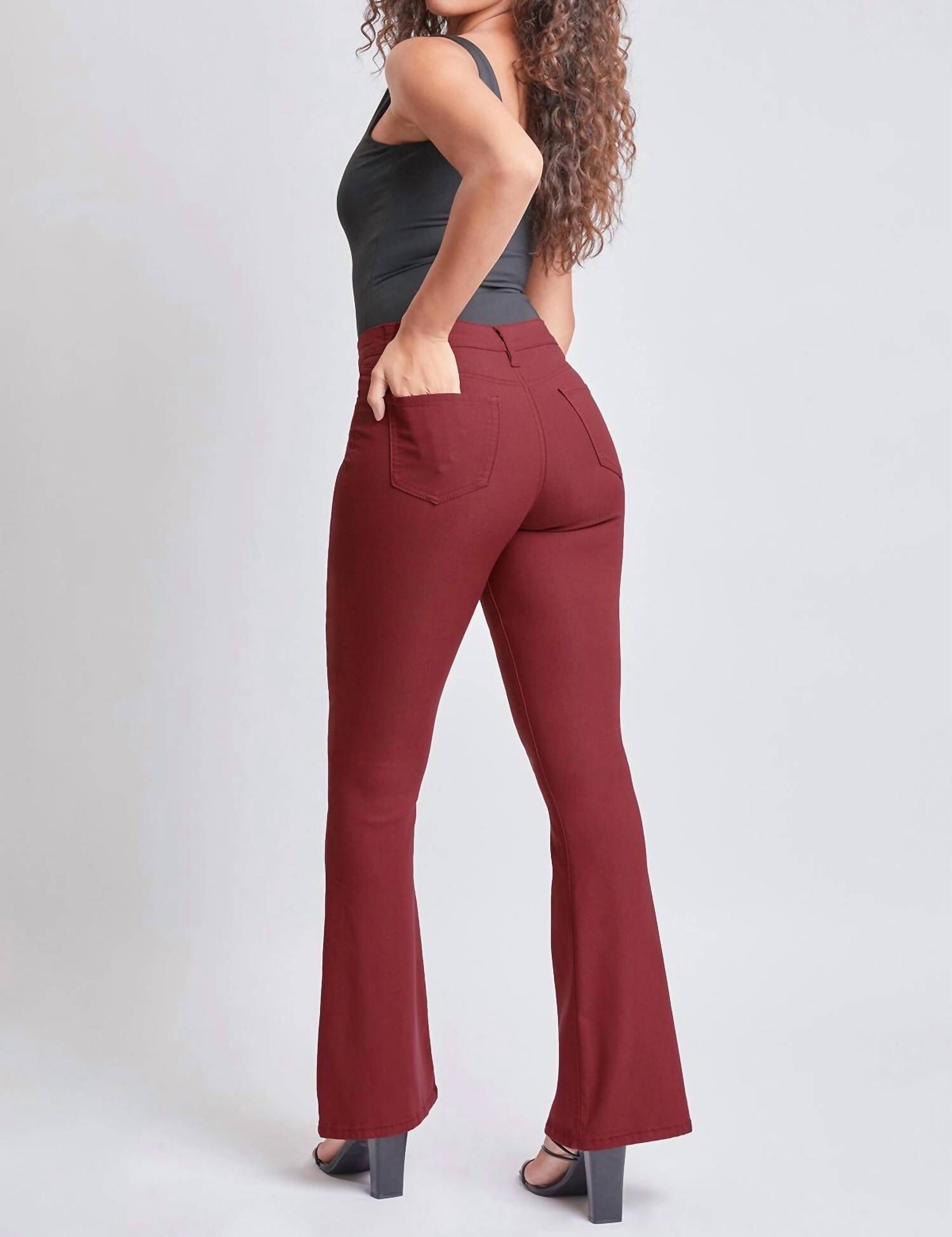 HYPERSTRETCH HIGH RISE FLARE DENIM IN DARK ROSE, Dark Rose / Red, alternate image number 3