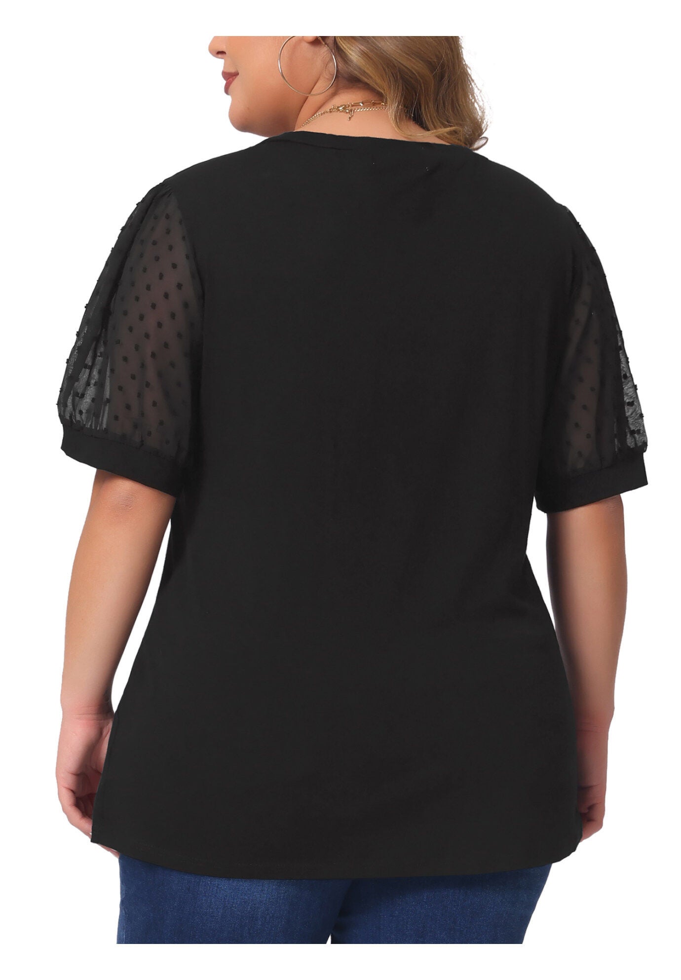 V Neck Swiss Dots Puff Sleeve Loose Top, Black / Black, alternate image number 3
