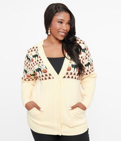 1960s Ivory & Orange Halloween Print Cardigan