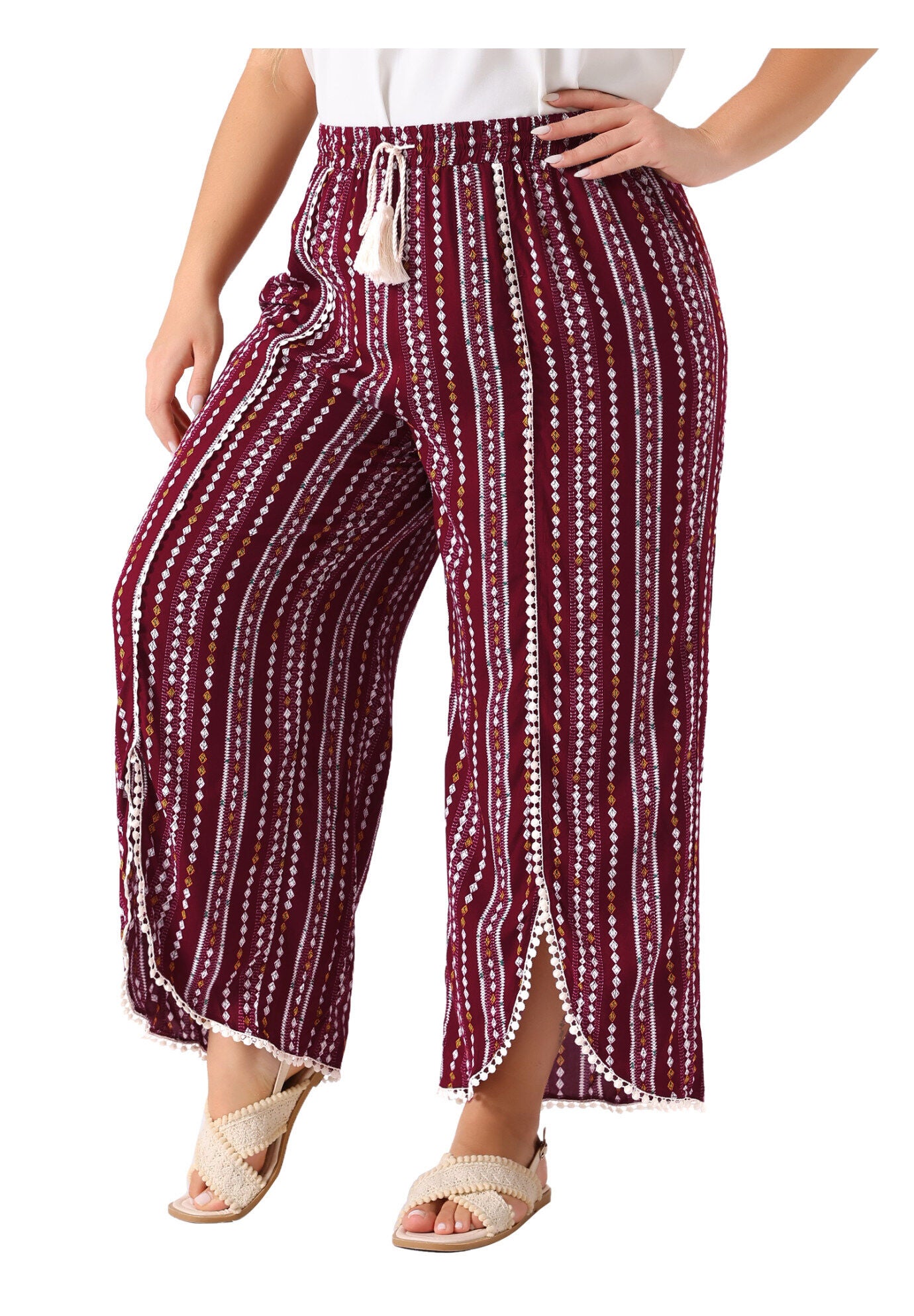SPLIT ELASTIC WAIST FLOWY STRIPED WIDE LEG PANTS, Burgundy / Red, alternate image number 1