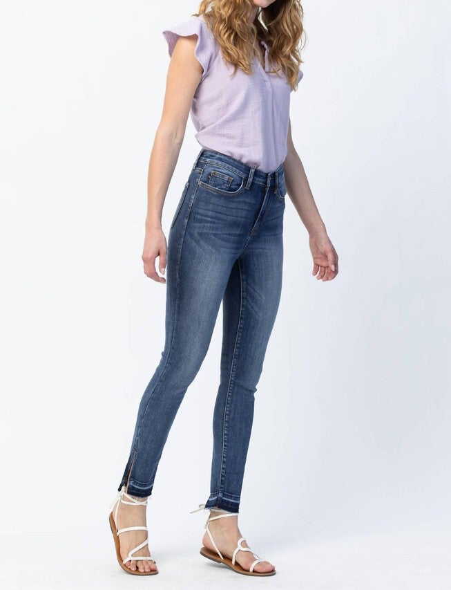 HIGH WAIST SKINNY RELEASED HEM AND SIDE SLIT, , alternate image number null