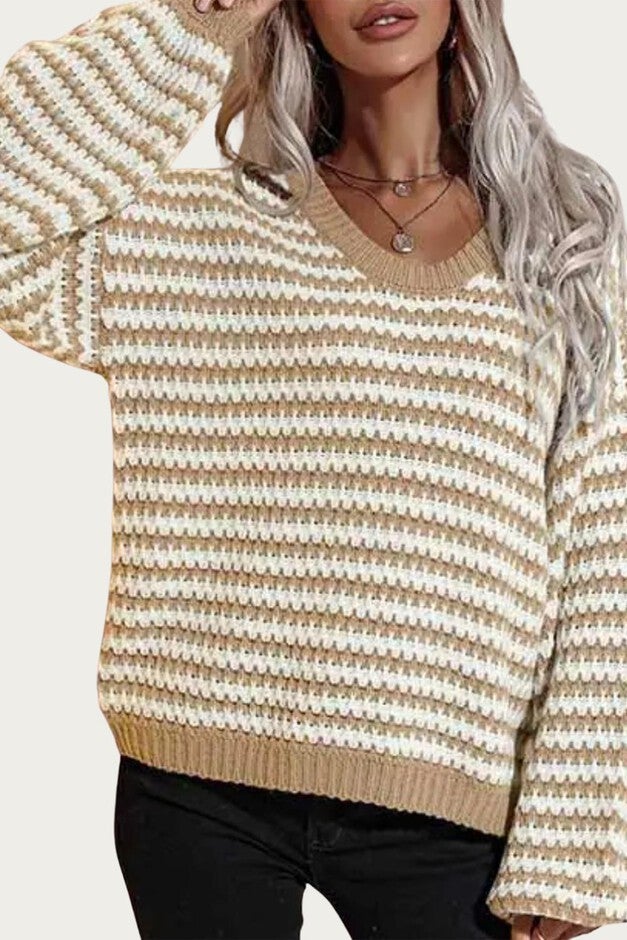 STRIPED V-NECK KNIT SWEATER IN KHAKI/WHITE, KhakiWhite / Brown, hi-res image number null