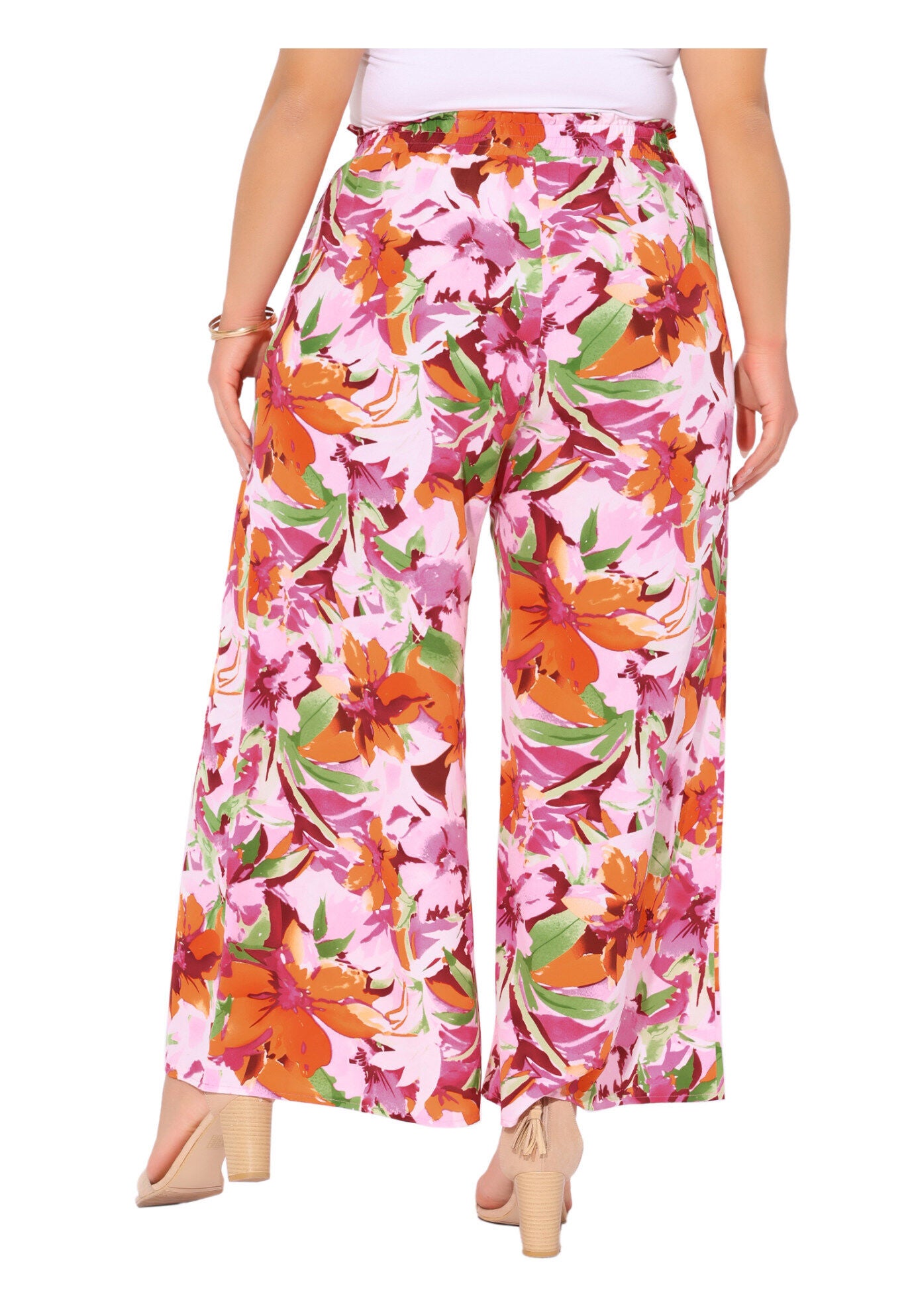 Wide Leg Floral Palazzo Pants Flowy Beach Trousers with Pocket, Pink Orange / Pink, alternate image number 3