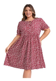 Floral Tie Neck Puff Sleeves Above Knee A-Line Dress with Pockets