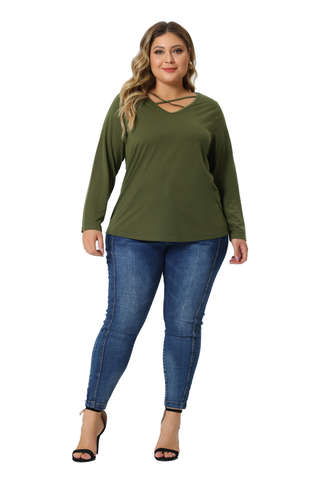 CROSS V NECK LONG SLEEVES T-SHIRT TOP, Army Green / Hunter Green, hi-res image number 0