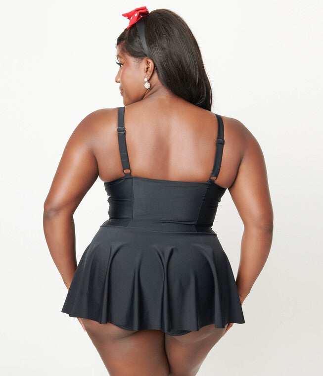 Unique Vintage Black Skirted One Piece Swimsuit, Black / Black, alternate image number null