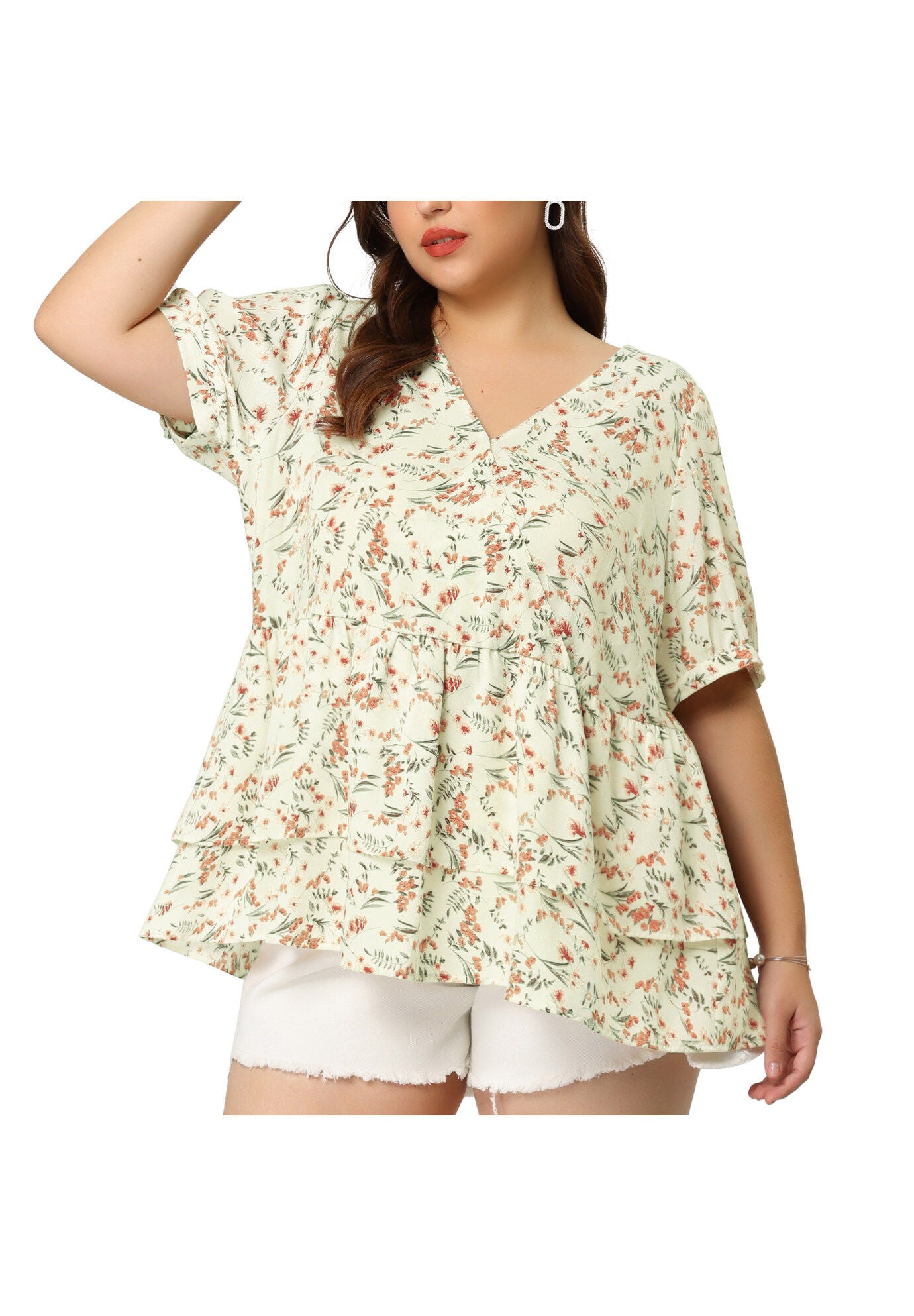 V Neck Short Sleeve Layered Peplum Top Summer Floral Blouse, White / White, alternate image number 1