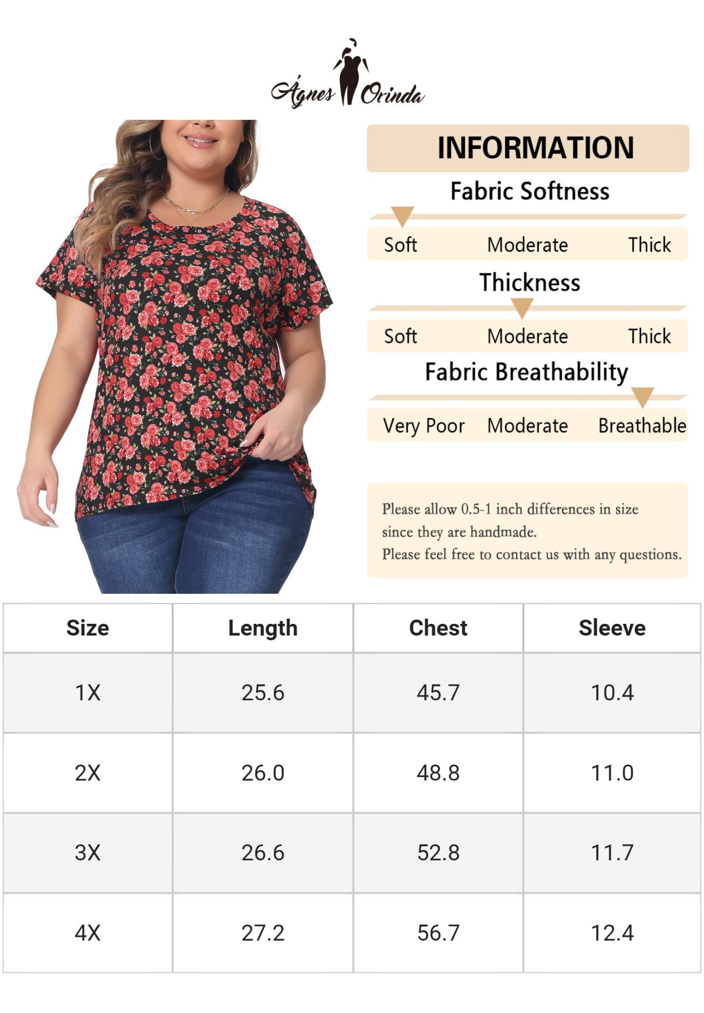 Floral Blouse Short Sleeves Loose Top, Red / Red, alternate image number 4