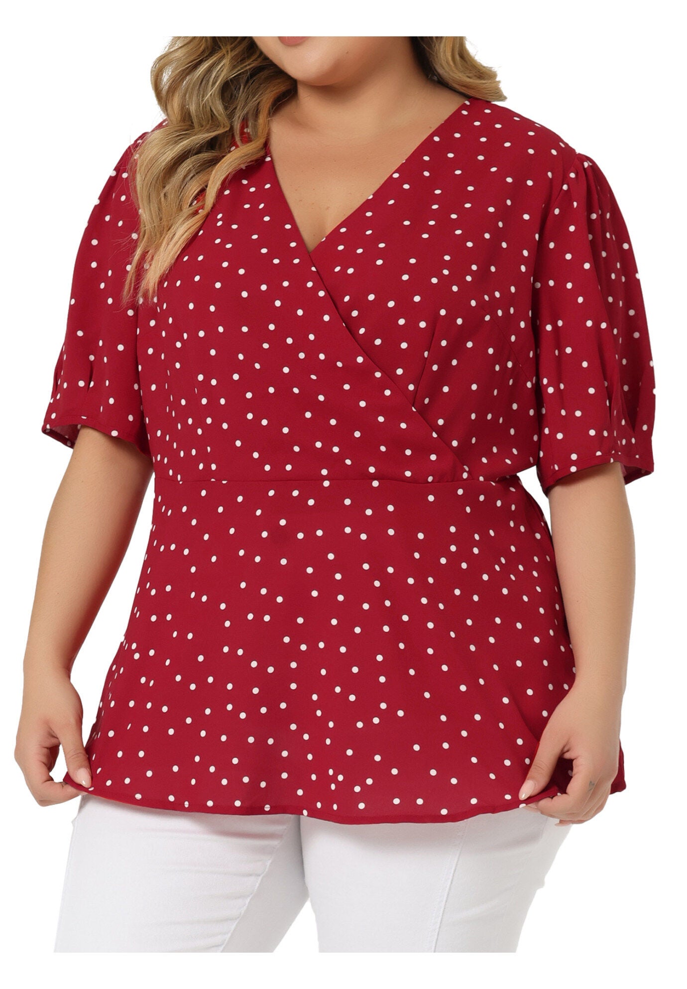 Summer V Neck Wrap Short Sleeve Polka Dots Peplum Top, Red / Red, alternate image number 4