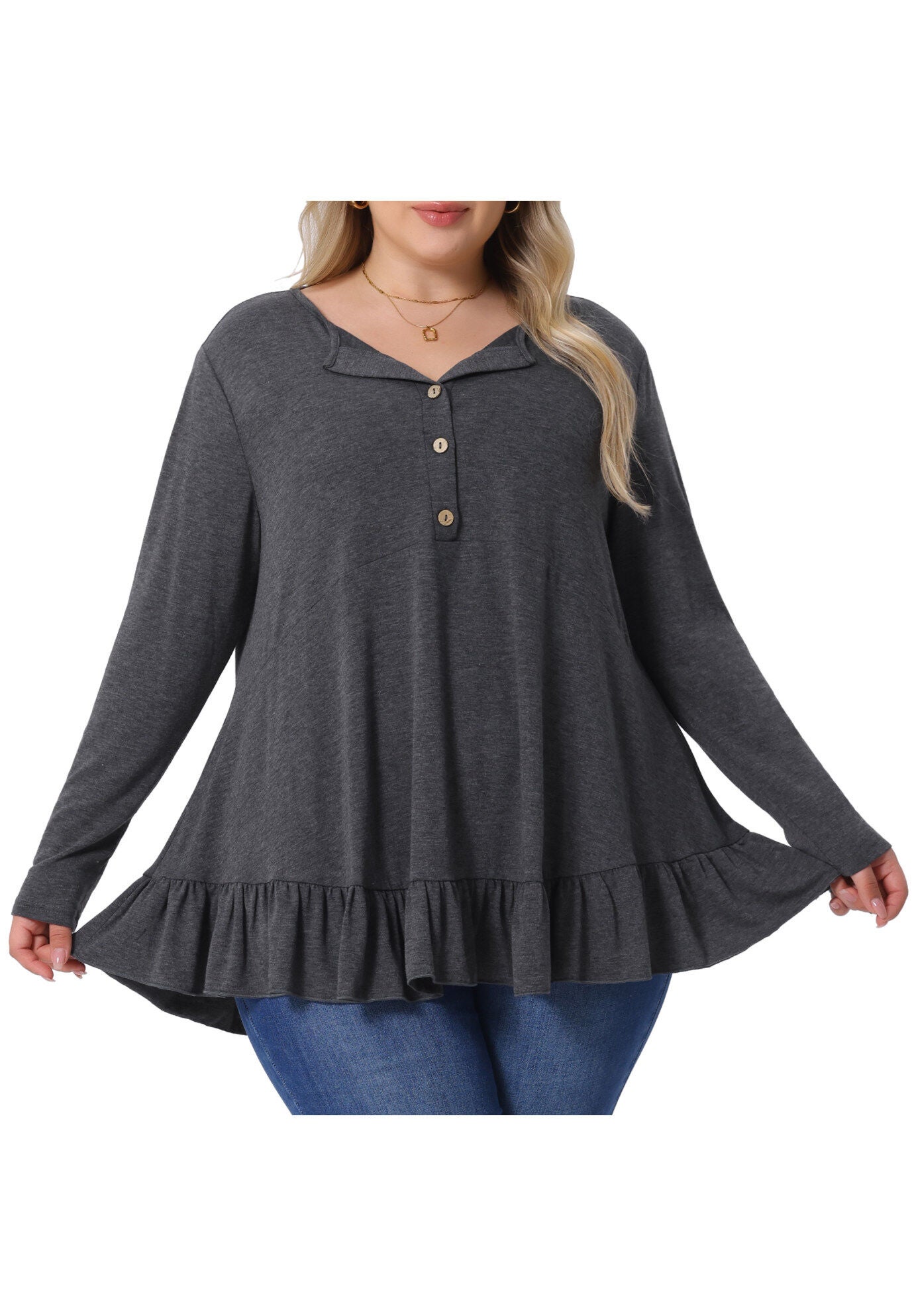 Henley V Neck Ruffled Hem Flowy Blouse Tunic, Gray / Charcoal Grey, alternate image number 2