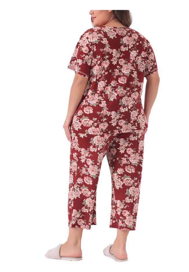 Short Sleeve Sleepwear Soft Lounge Set, Burgundy / Burgundy, alternate image number 3