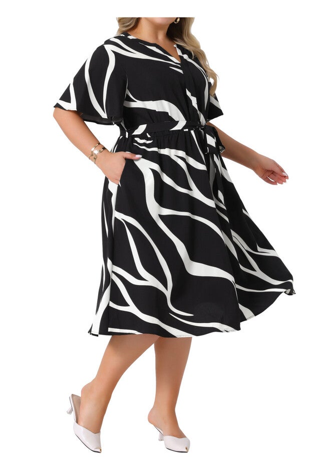 Short Sleeve Notched V Neck Tie Waist Print Dress with Pockets, Black / Black, alternate image number 1
