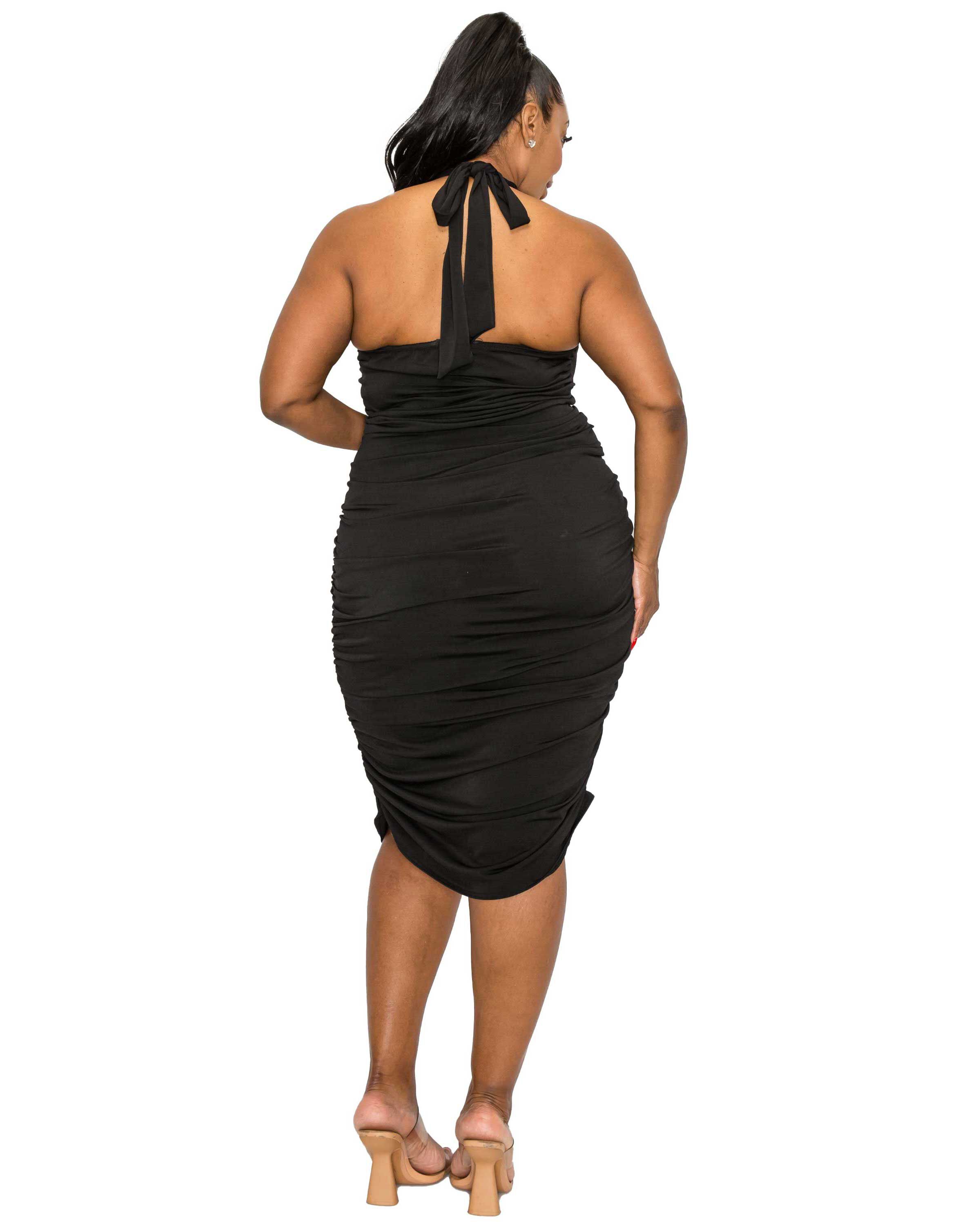 IZZY SIDE RUCHED HALTER NECK DRESS, Black / Black, alternate image number 1