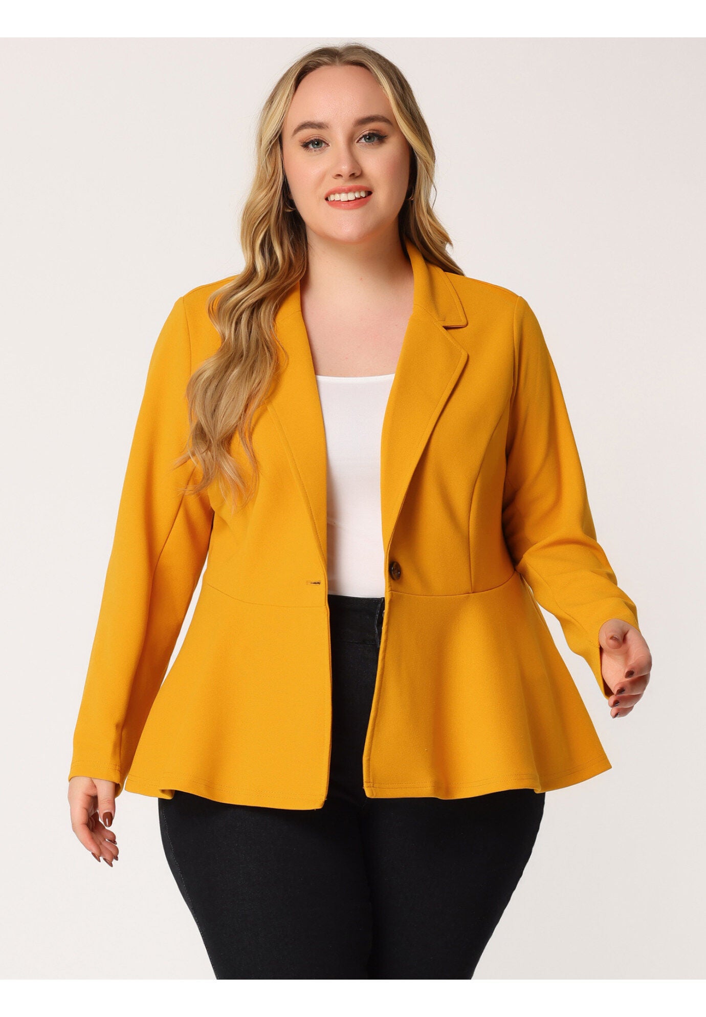 Ruffle V-Neck Button-Front Peplum Blazer, Yellow / Yellow, hi-res image number 0