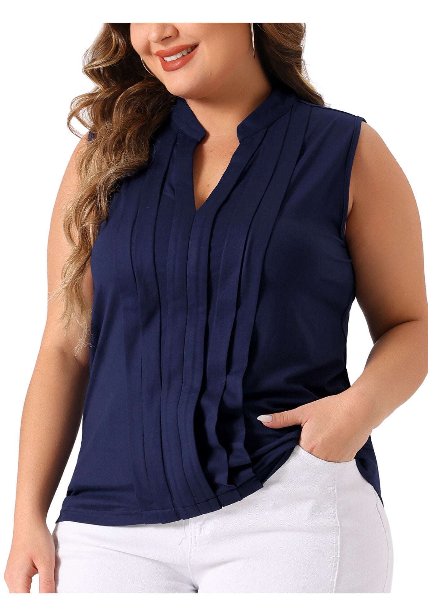 V Neck Sleeveless Pleated Summer Blouse Vest, Navy Blue / Navy, alternate image number 1
