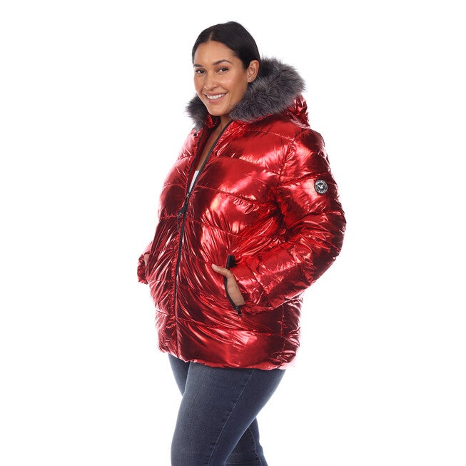 Metallic Puffer Coat with Hoodie, Red / Red, alternate image number 1