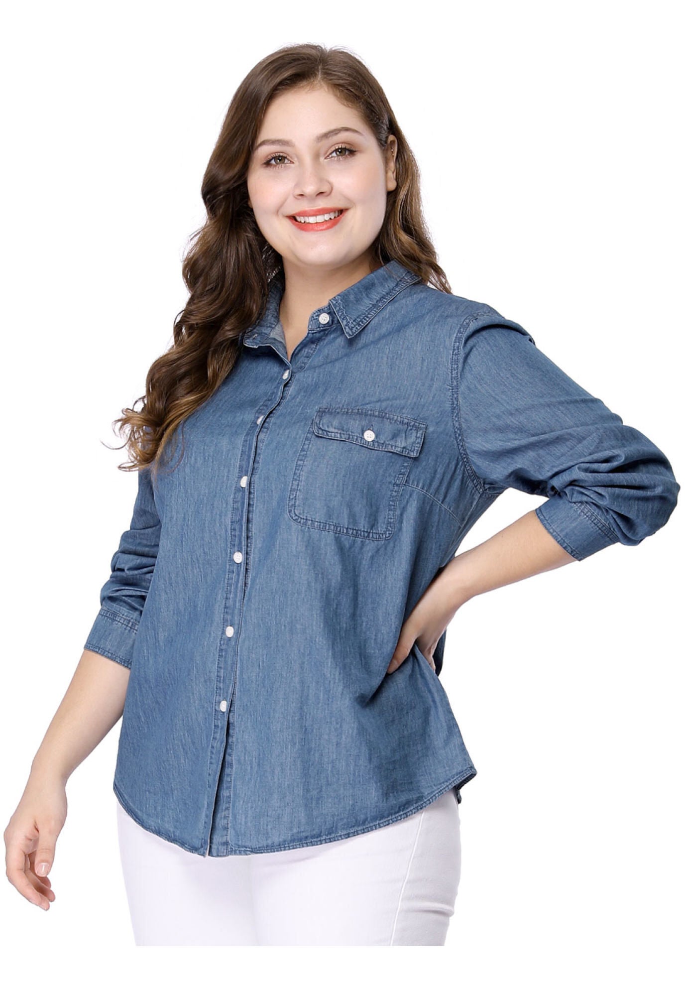 Button Down Long Sleeve Chest Pocket Chambray Shirt, Navy Blue / Chambray Denim Medium, hi-res image number 0
