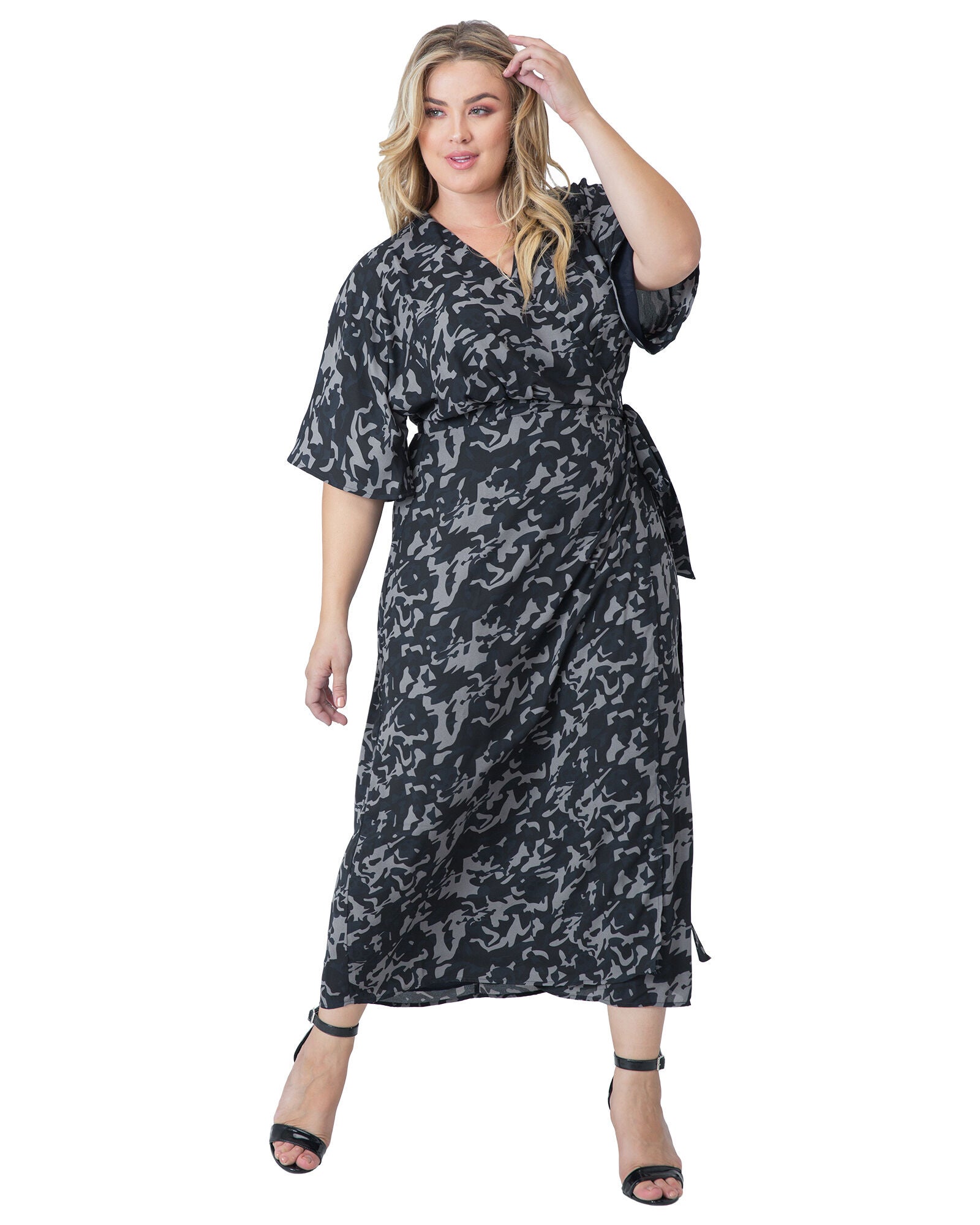 Plus Size Olivia Kimono Wrap Maxi Dress, Multicoloured / Navy, hi-res image number 0