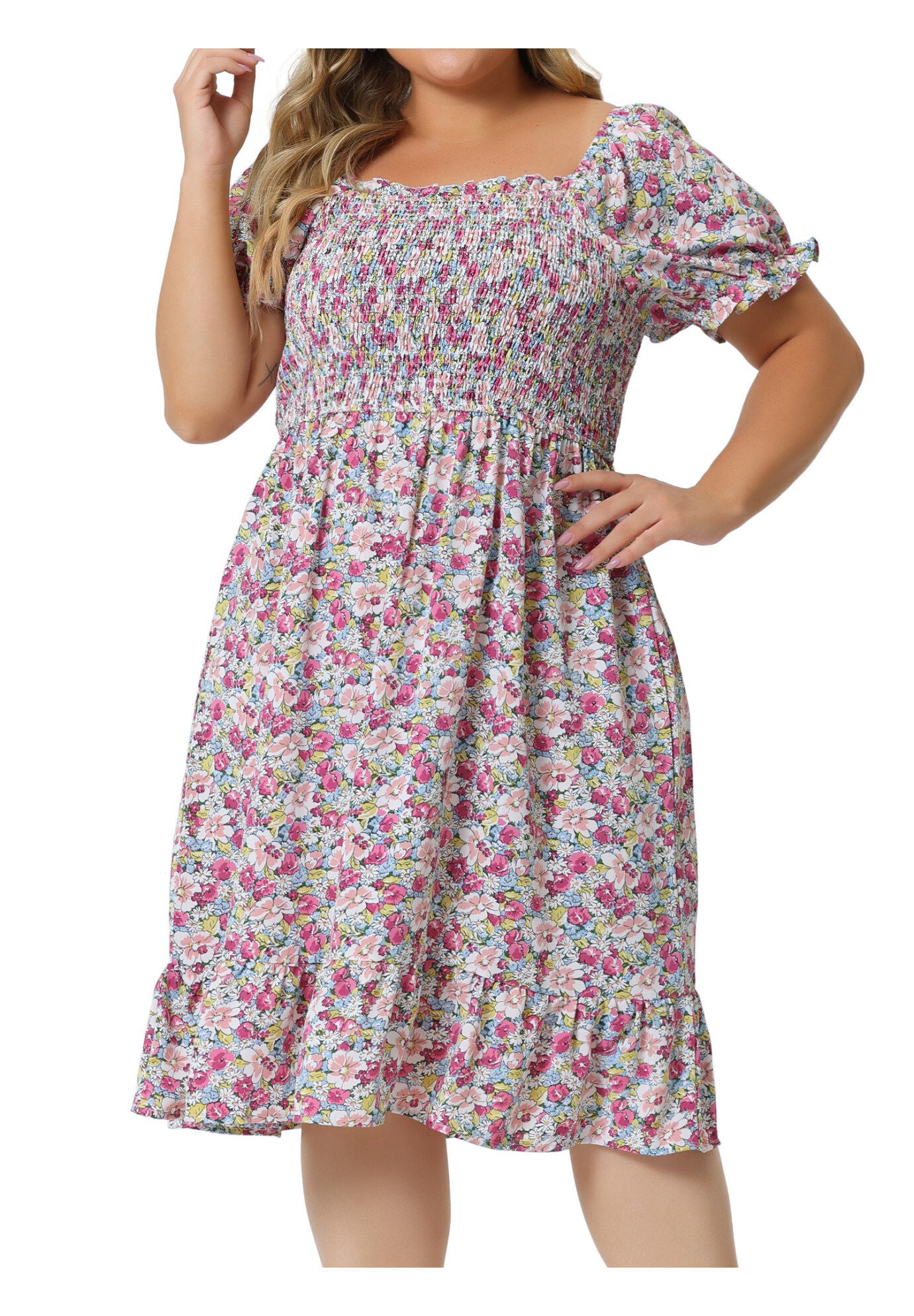 Ruffle Short Sleeve Flared Flowy Smock Floral Print Dress, Pink / Pink, alternate image number 1
