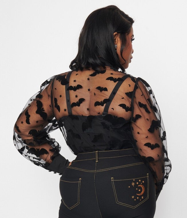 Unique Vintage Black Bats Mesh Gwen Blouse, Black / Black, alternate image number 1