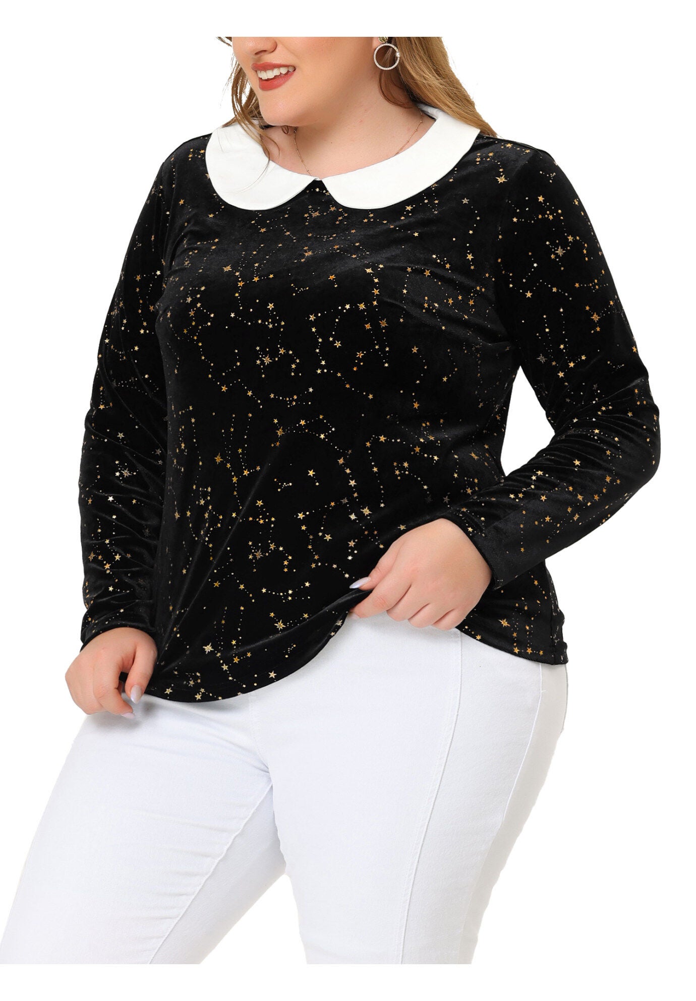 Peter Pan Long Sleeve Vintage Star Print Doll Collar Velvet Top, Black / Black, alternate image number 2