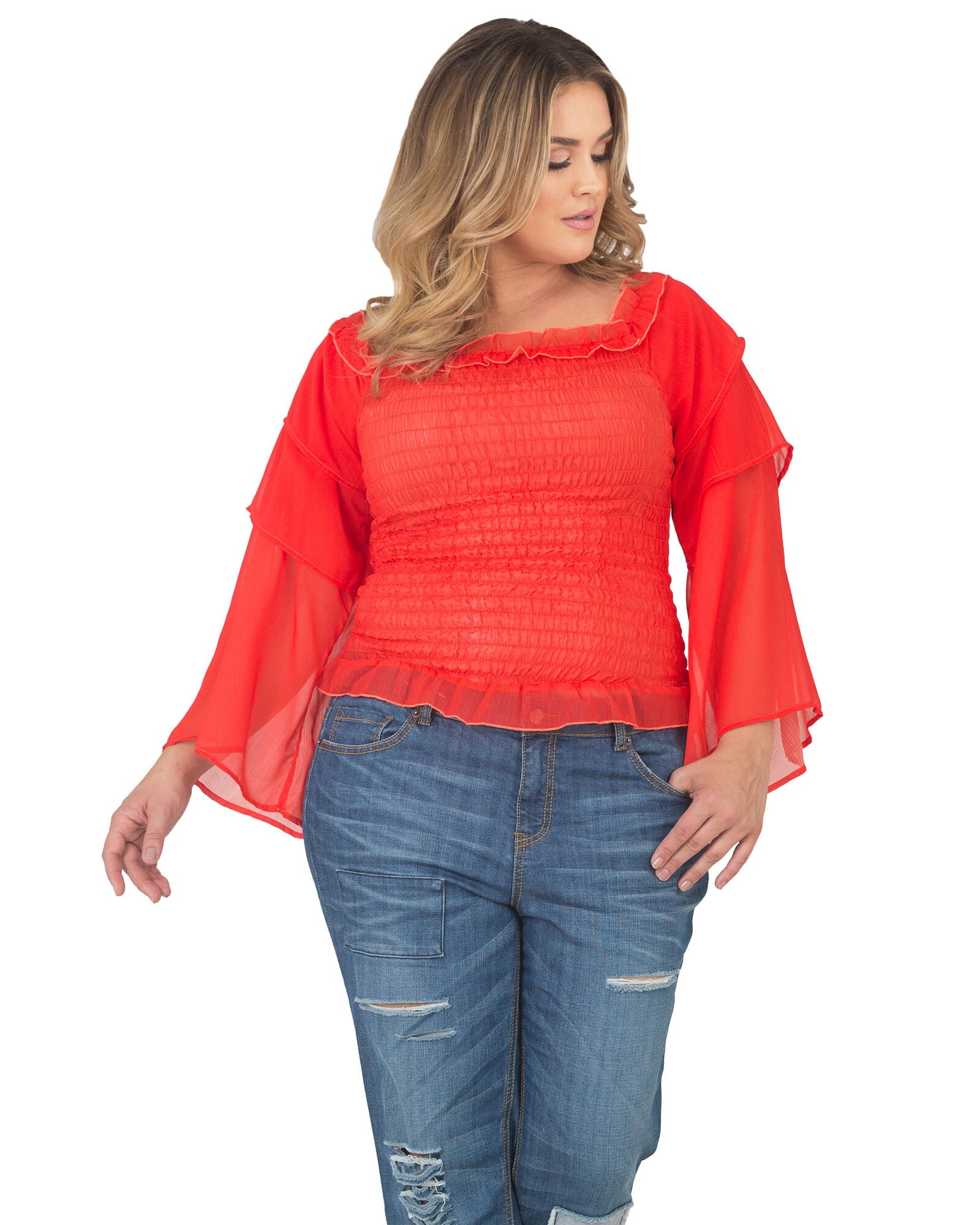 Plus Size Jessa Smocked Tierd Sleeve Top, Tiger Lily / Orange, hi-res image number 0