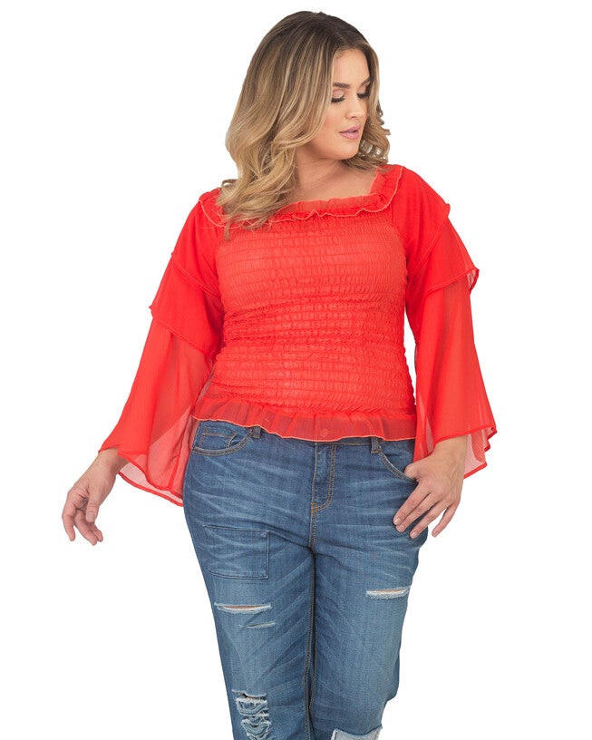 Plus Size Jessa Smocked Tierd Sleeve Top, Tiger Lily / Orange, hi-res image number 0