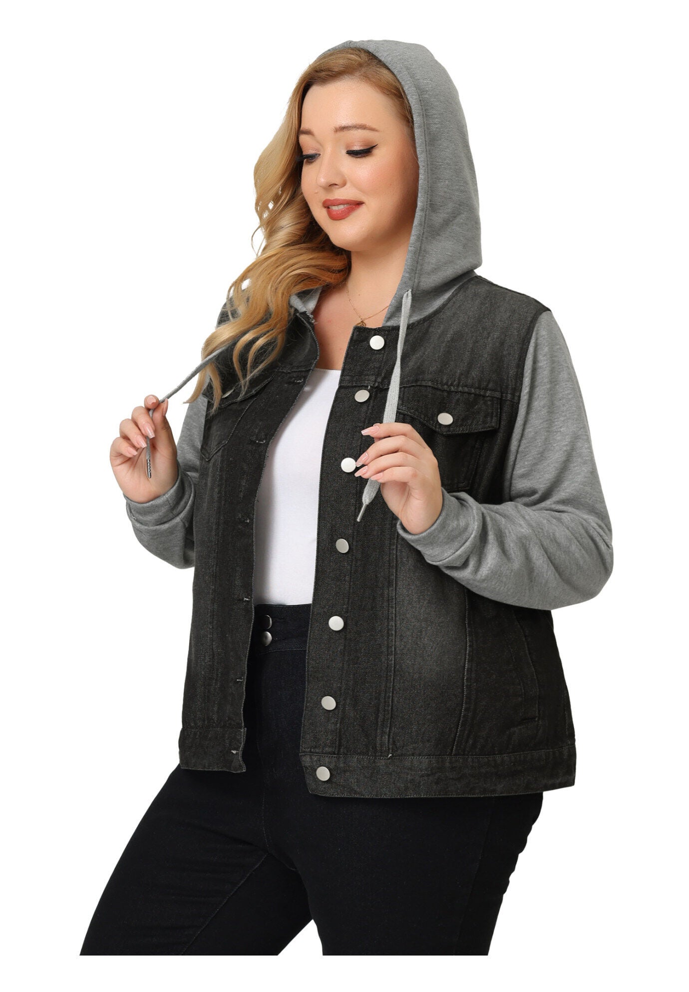 LAYERED DRAWSTRING HOODIE DENIM JEAN JACKET, Black / Black, alternate image number 1