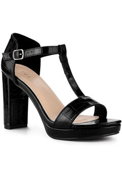 Platform Print Embossed Ankle Strap Chunky Heels Sandals