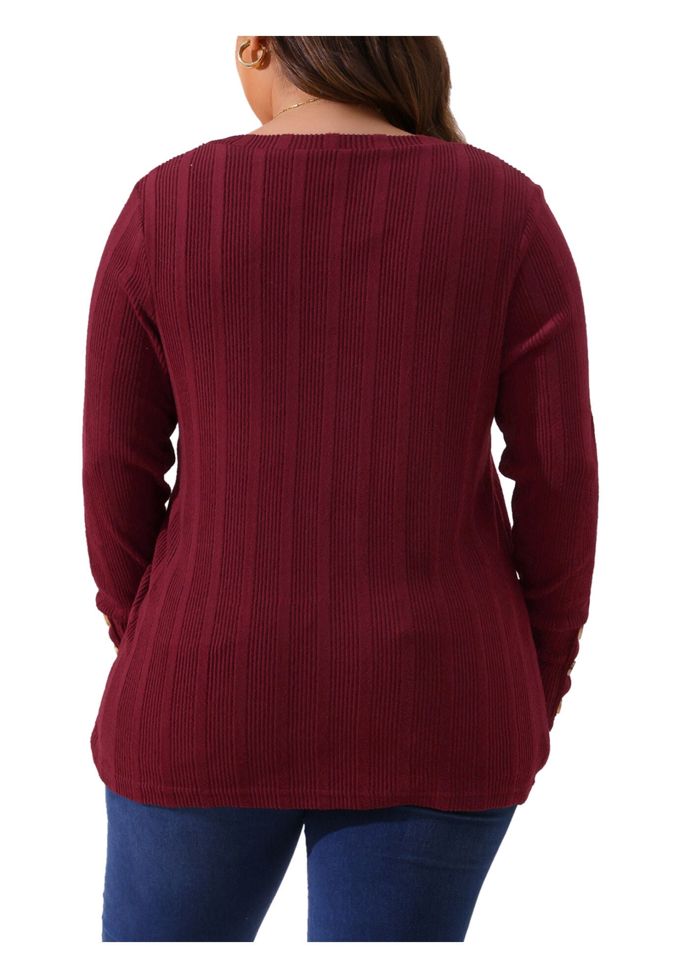 V Neck Button Stretchy Pullover Sweater Knit Top, Burgundy / Burgundy, alternate image number 3
