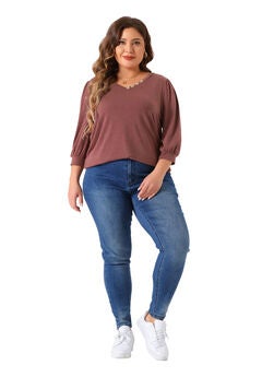 3/4 Sleeve V Neck Button Decor Blouse Shirt