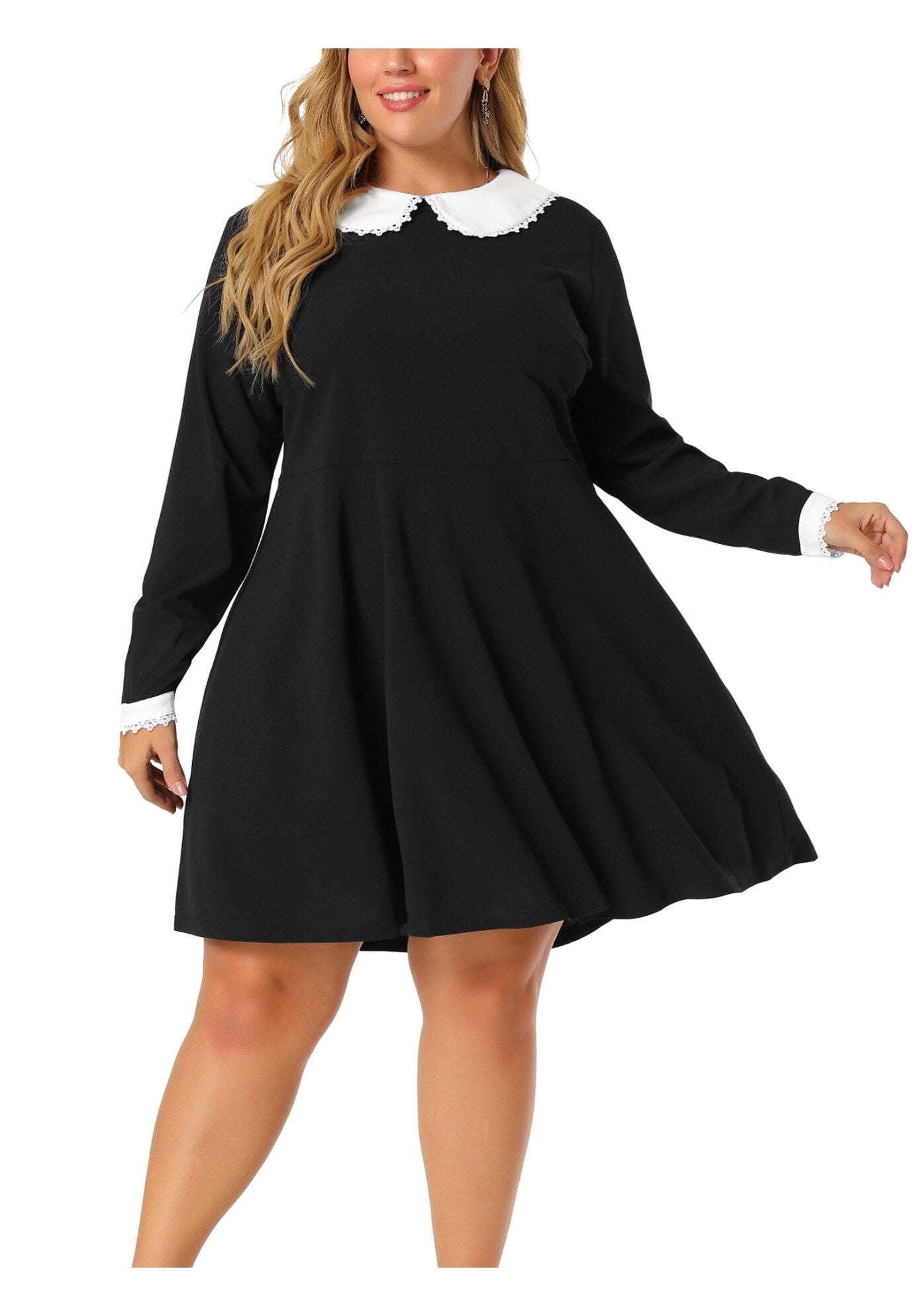LONG SLEEVE DOLL PETER PAN COLLAR FLARE MIDI DRESS, Black / Black, alternate image number 2