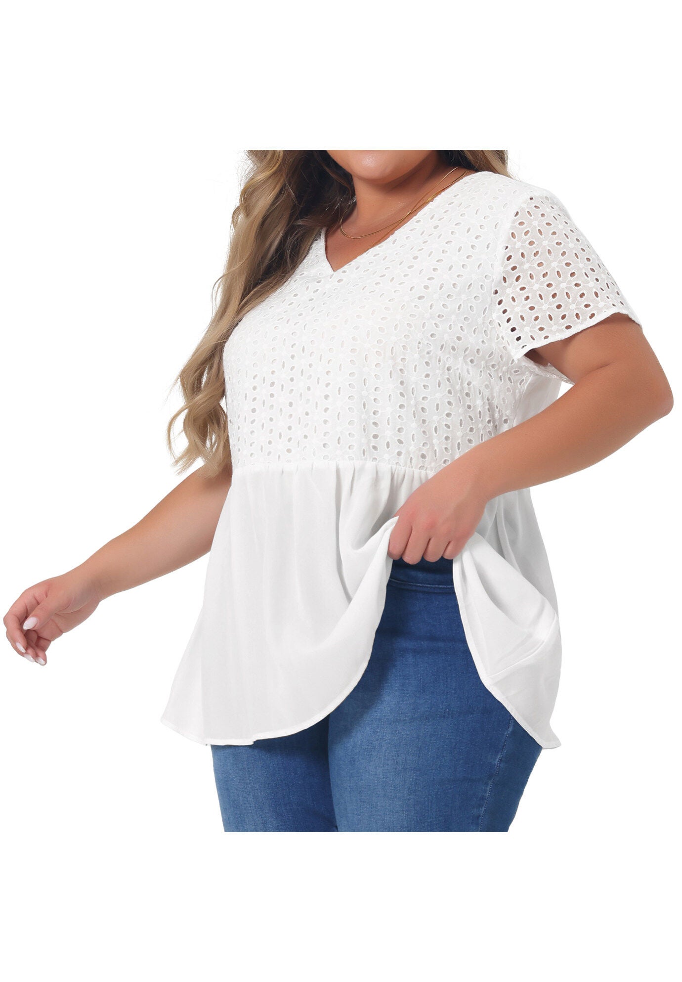 PEPLUM BLOUSE SUMMER SHORT SLEEVES V NECK BABYDOLL TOP, White / White, alternate image number 1
