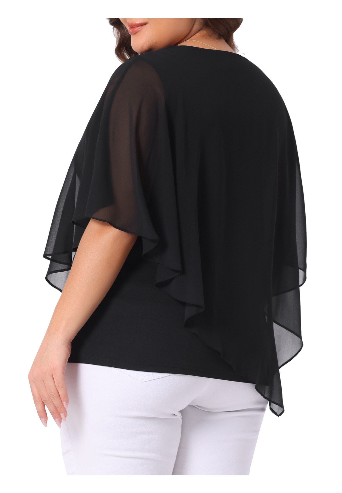 V Neck Flowy Shirt Double Layered Chiffon Top, Black / Black, alternate image number 3