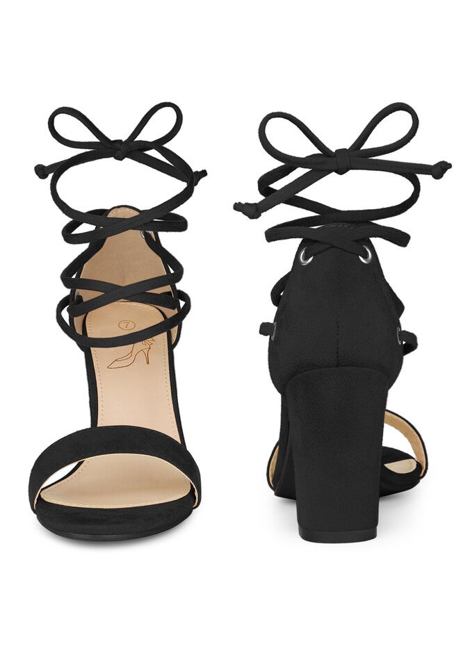 Strappy Lace Up Chunky High Heel Sandals, Black / Black, alternate image number 2
