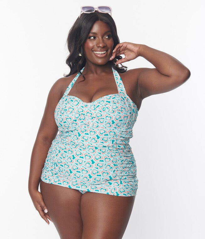 Unique Vintage Turquoise Retro Hearts Print Corinne Sheath Swimsuit, Light Turquoise Hearts Print / Turquoise, hi-res image number 0