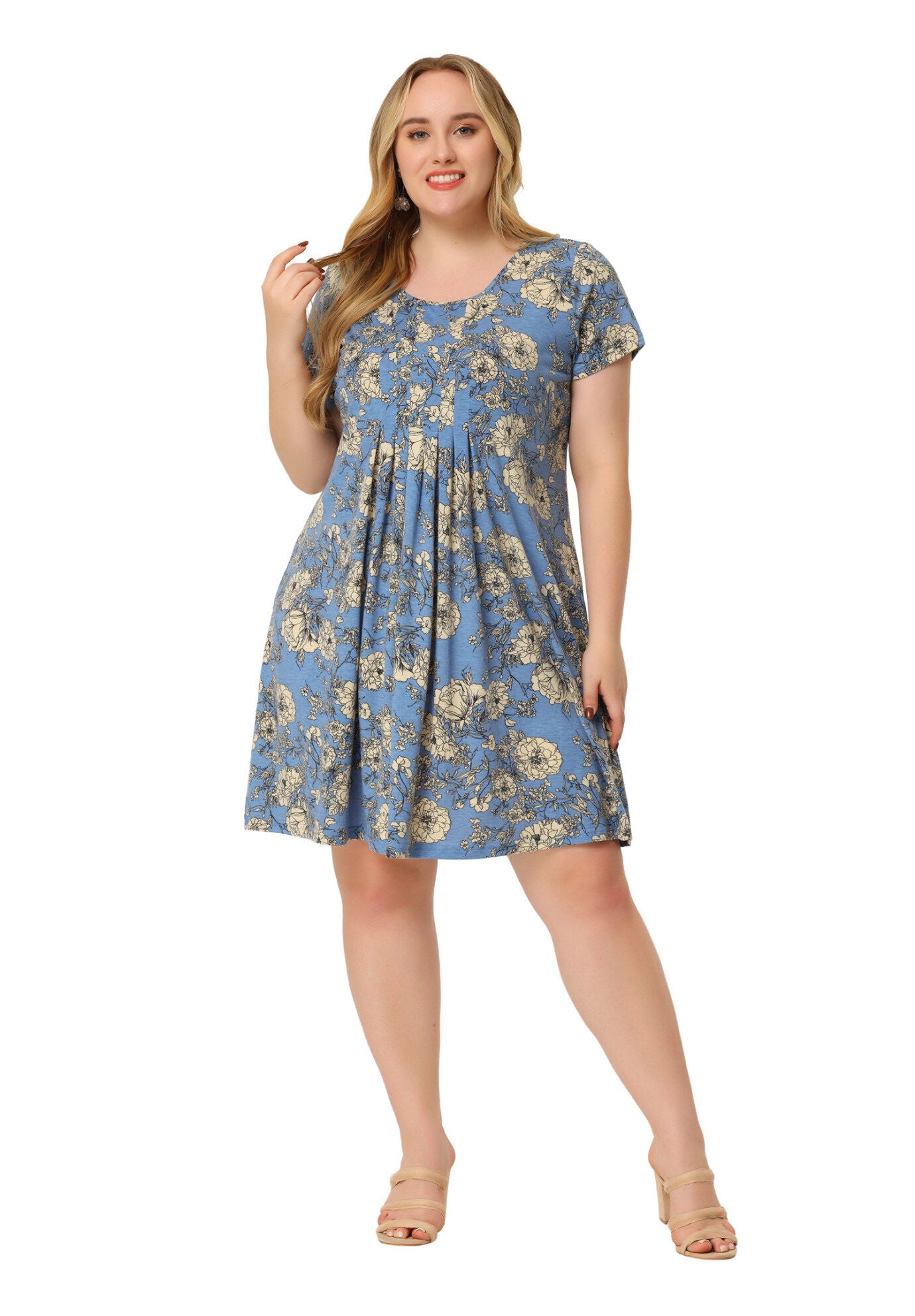 Short Sleeves Pleated Summer Beach Casual Loose Floral Dress, Blue / Cornflower Blue, hi-res image number 0