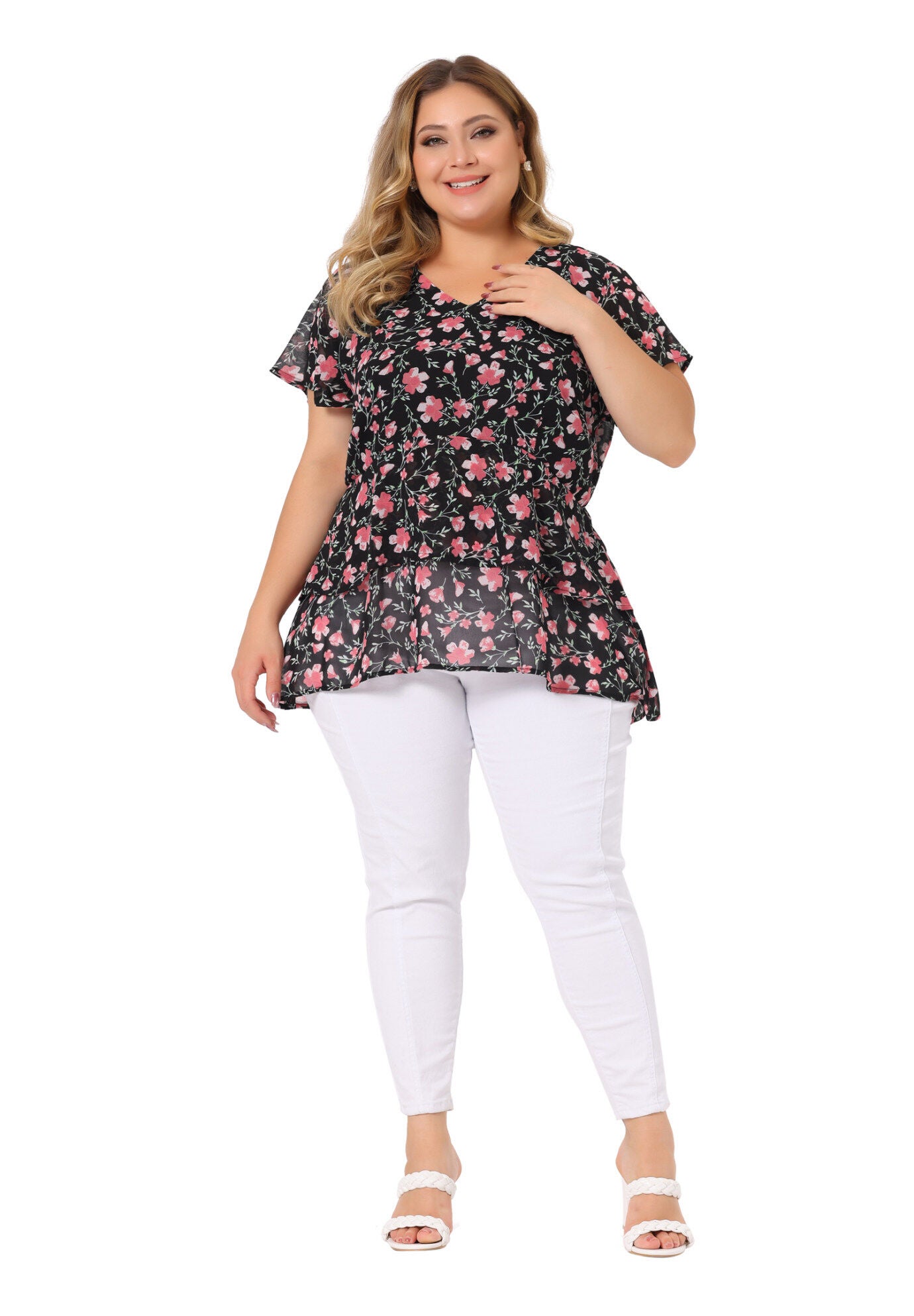 Short Sleeve Layered Casual Floral Blouse Summer Top, Black / Black, hi-res image number 0