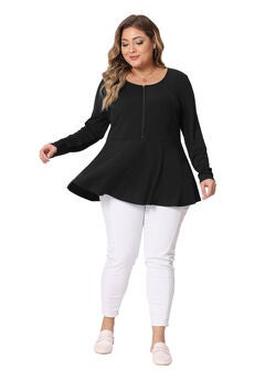 Long Sleeve Half Zip Up Low Cut Ruffle Babydoll Peplum Top