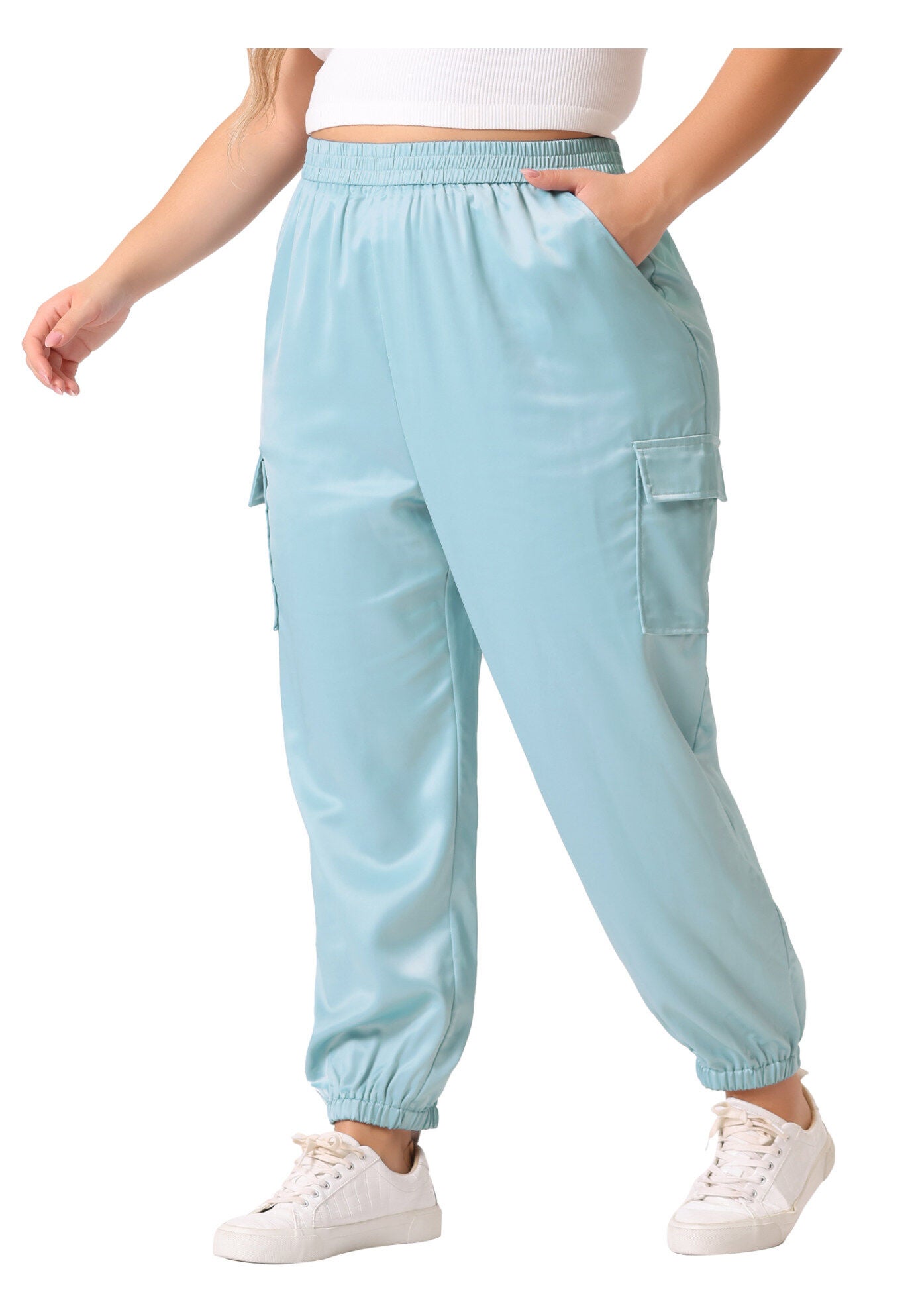 SATIN JOGGERS ELASTIC WAIST ATHLEISURE ANKLE LENGTH CARGO PANTS, Light Blue / Light Blue, alternate image number 2