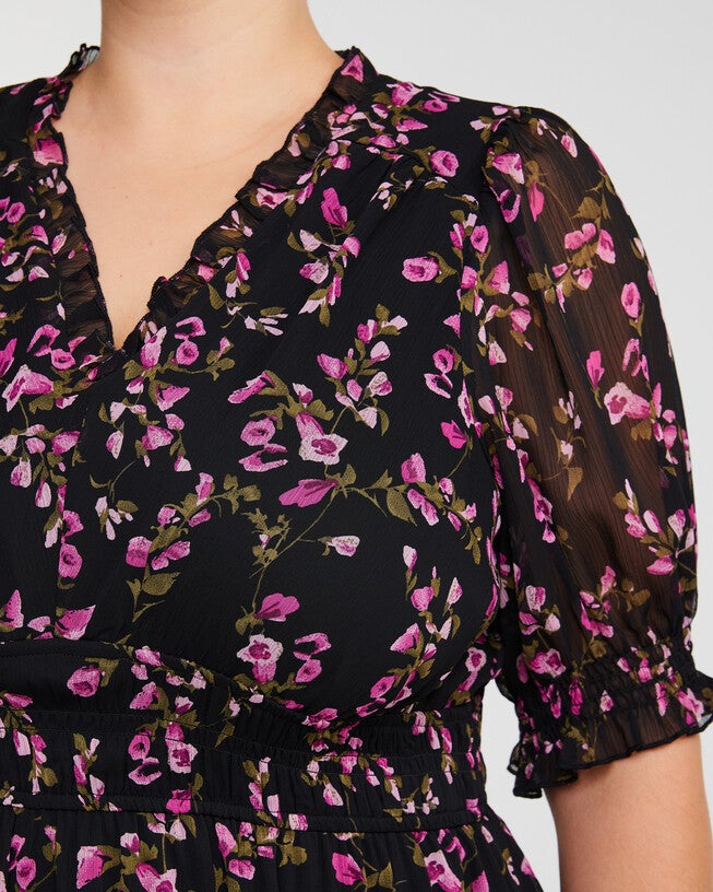 Tulip Garden Shirred Floral Mini Dress, BlackPinks / Black, alternate image number null