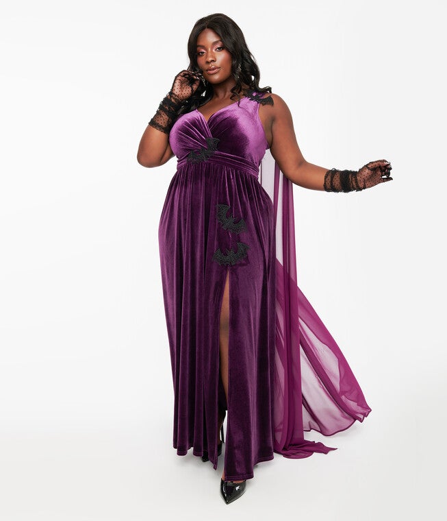 Eggplant & Black Bat Velvet Cape Gown, Eggplant / Purple, alternate image number 2