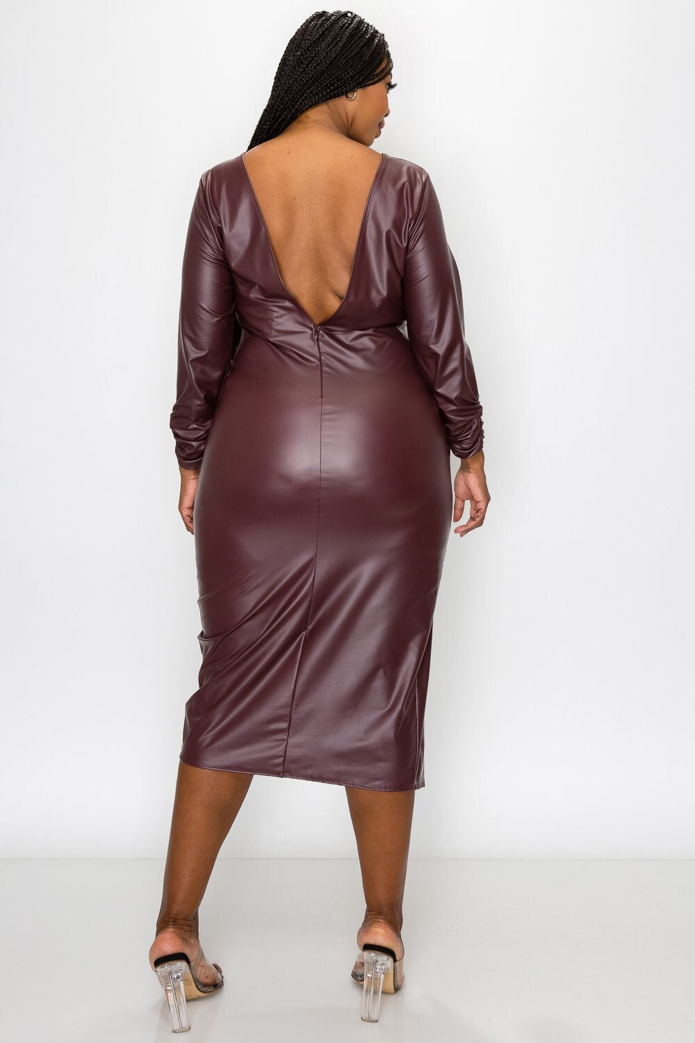 FAUX LEATHER RUCHED SLEEVES MIDI DRESS, , alternate image number 7